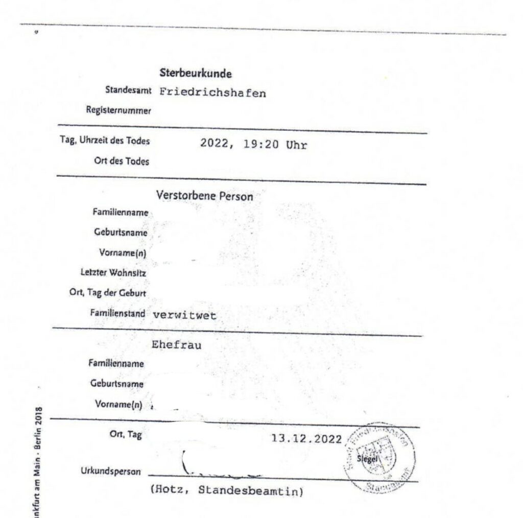 Sterbeurkunde Sterbeurkunde